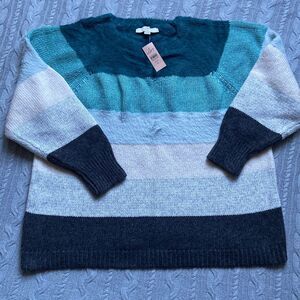 LOFT PLUS Knitted Wide Striped Crewneck Wool Blend Sweater